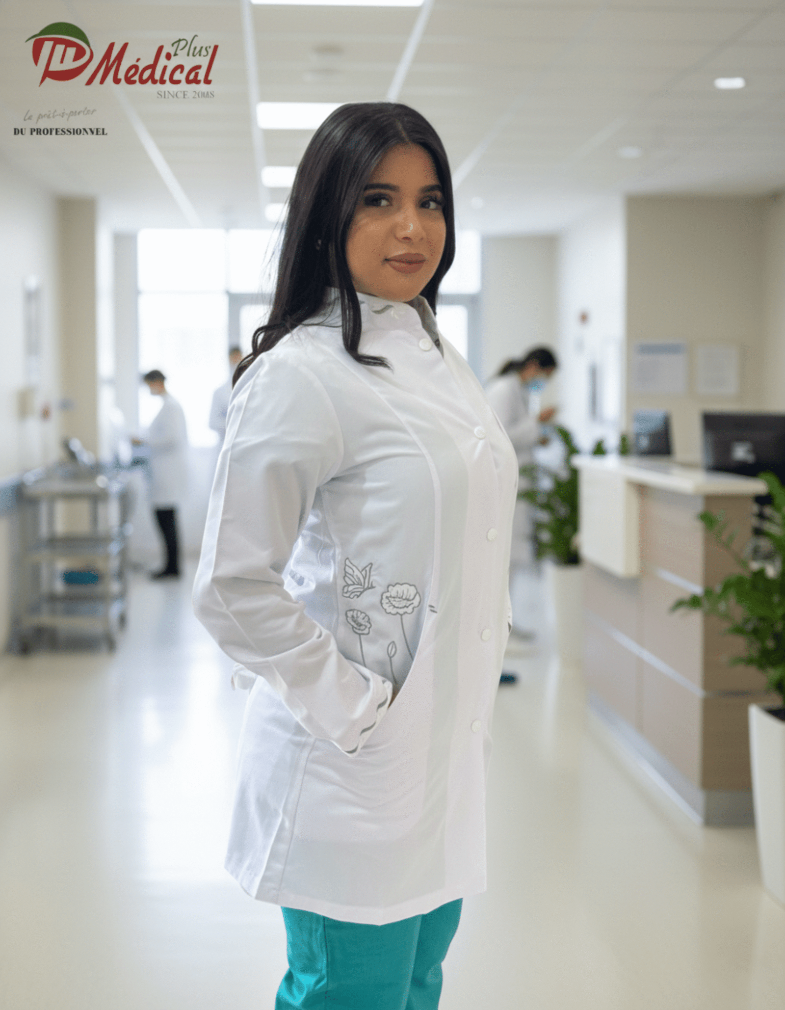 Replace the background of this photo with one that matches the theme. Make it look completely real and natural — I don’t want it to look AI-generated. Also, enhance the image quality to 100%. Blouse Femme Col Off FLOWER Manches Longues